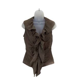 Farinaz Taghavi Blouse Top Made in Canada Linen Blend Brown Ruffle Front sz 2